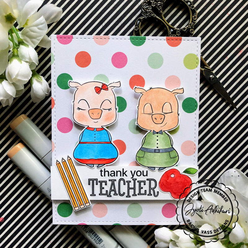 This is a handmade card made using Rachel Vass digital stamp called Piglets in school. This stamp is printed and colored in copic markers