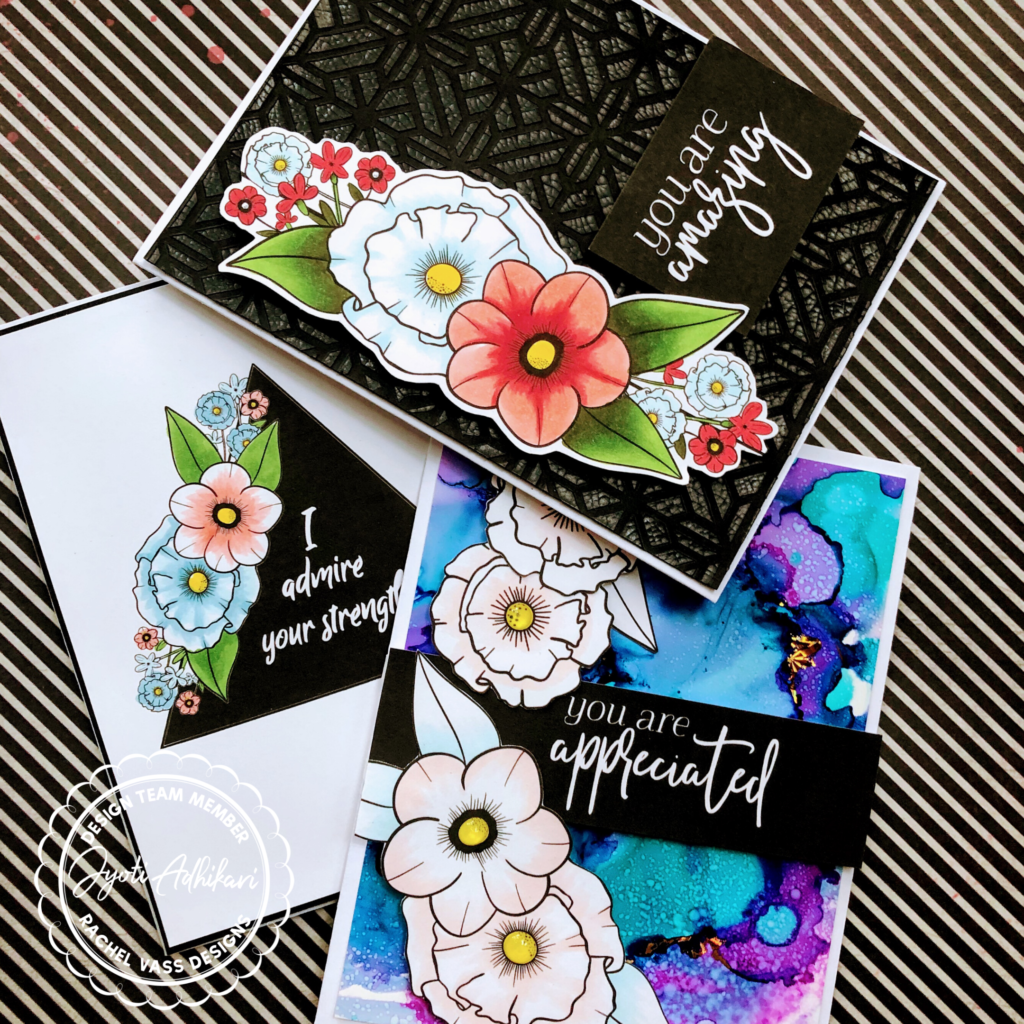 The trio of cards created using rachel vass designs release and simple copic coloring