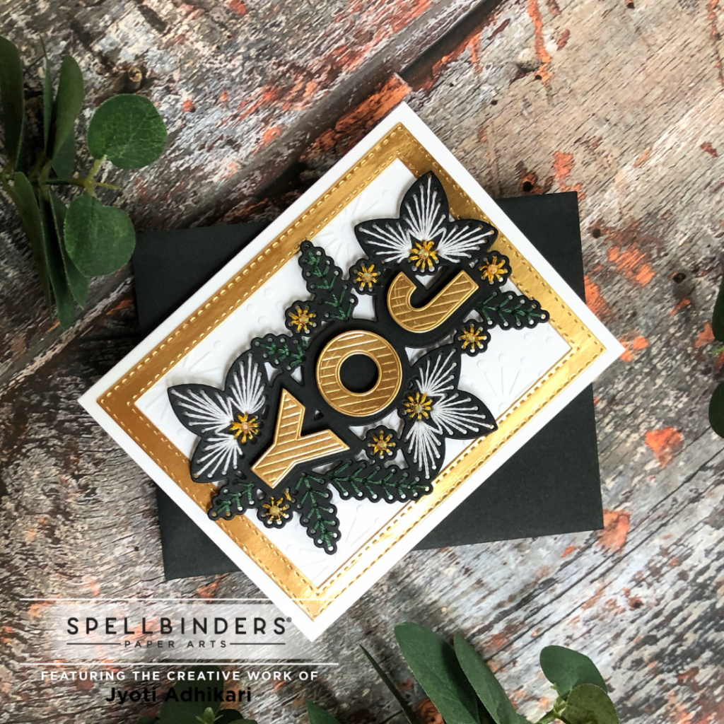 the angular view of the card created using the spellbinders stitched Joy die set from the Stitched Christmas collection
