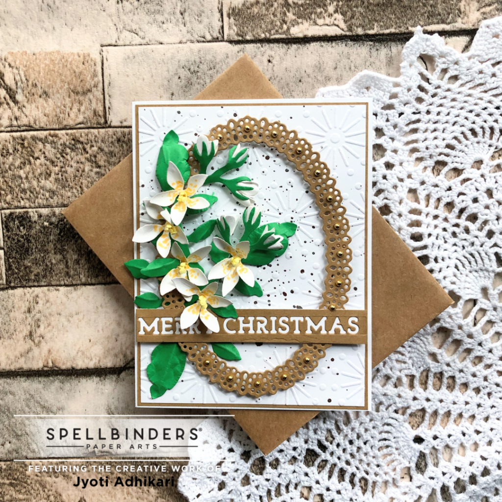 This is the front vies of the dimensional floral card I created for Christmas using the Jasmine die from the Winter Garden collection by 
Spellbinders July 2022