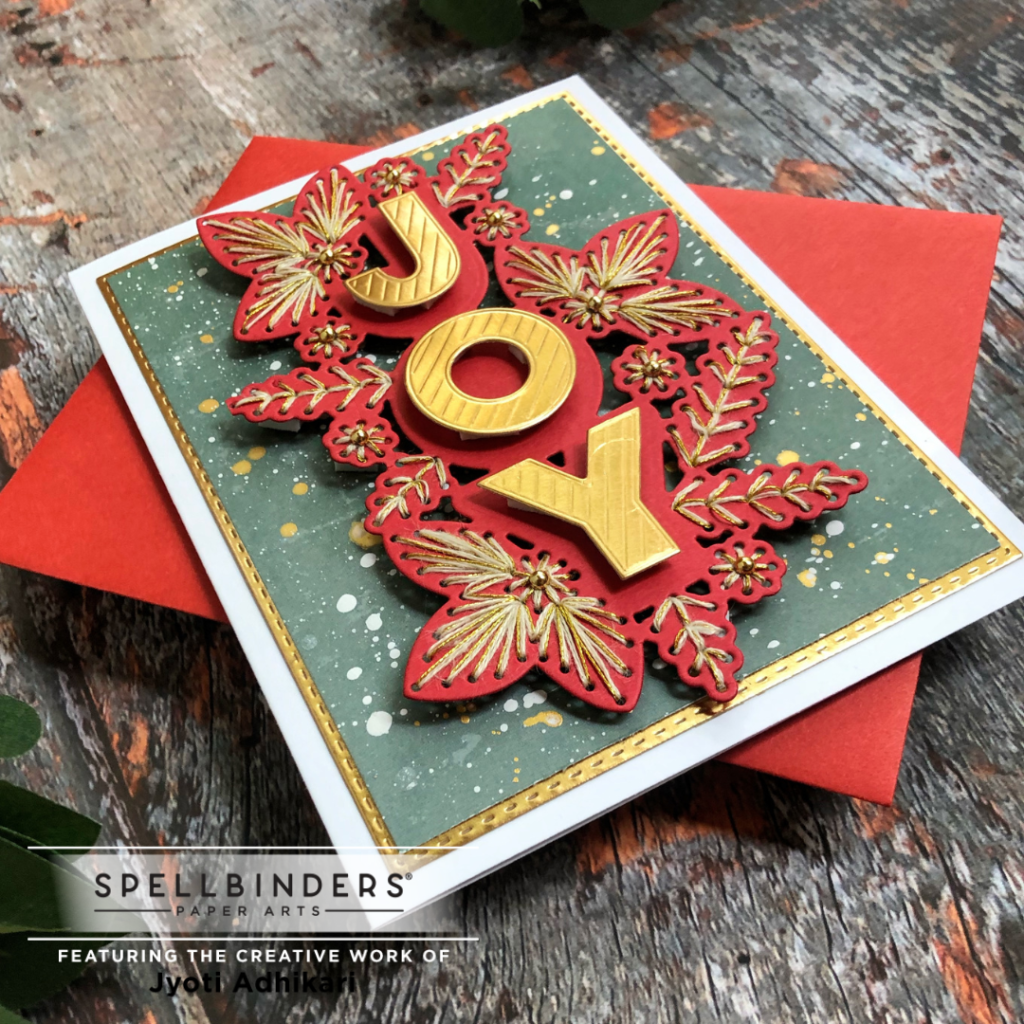 angular slanted view of the card created using the Stitched Joy die set from Spellbinder showing the dimension on the card.