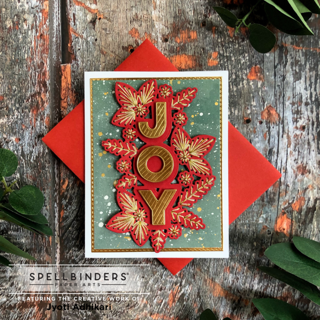The front view of the card I created using the Joy Stitched die from the Spellbinders' Stitched Christmas Collection July 2022
