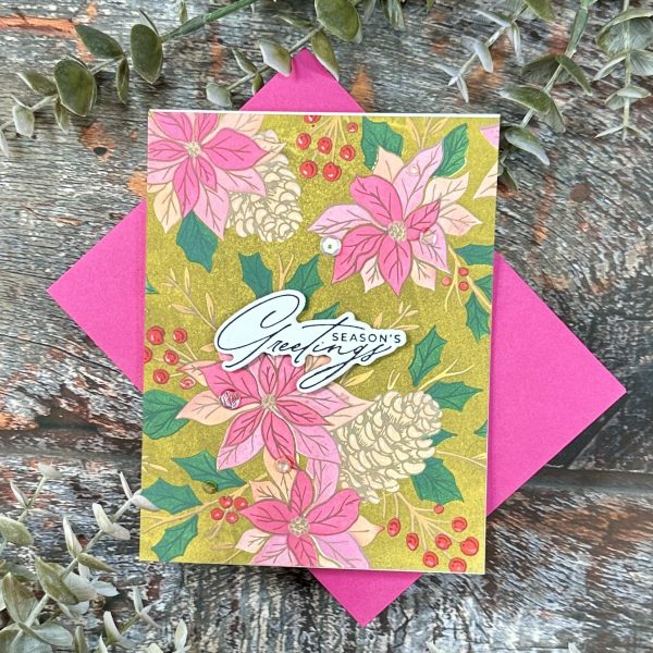 Pink On Muted Green Festive Poinsettias Season’s Greetings Card - Image 4