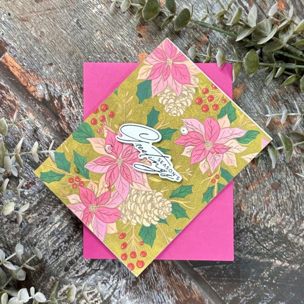 Pink On Muted Green Festive Poinsettias Season’s Greetings Card - Image 3
