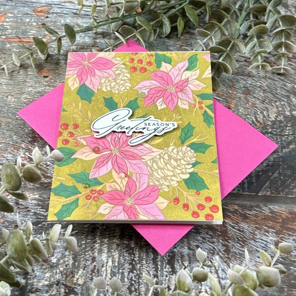 Pink On Muted Green Festive Poinsettias Season’s Greetings Card - Image 2