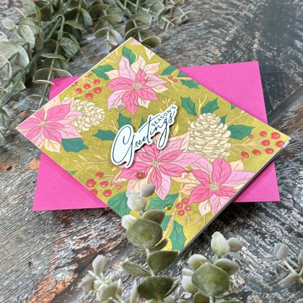 Pink On Muted Green Festive Poinsettias Season’s Greetings Card