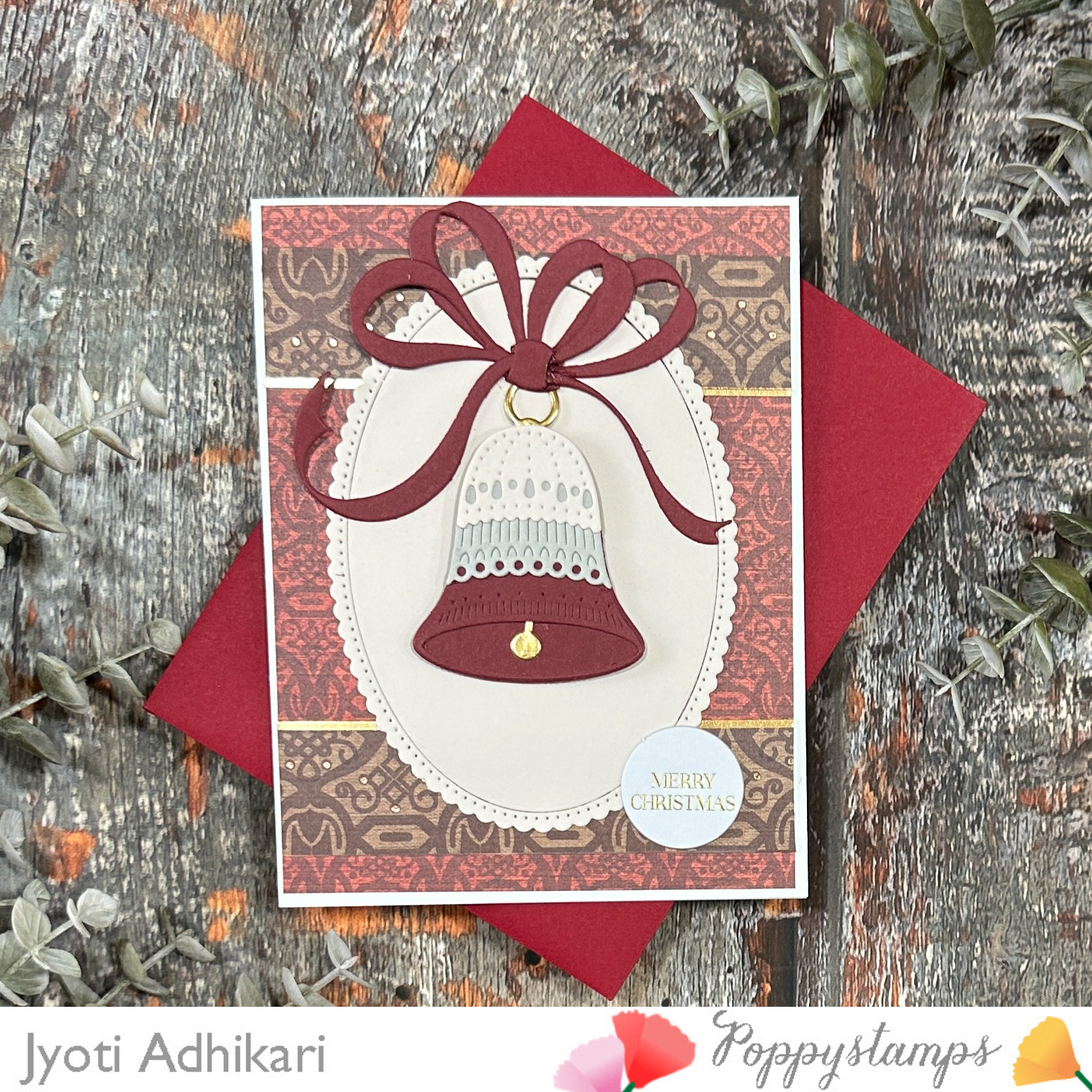Burgundy Christmas Bell Handmade Card - Image 4