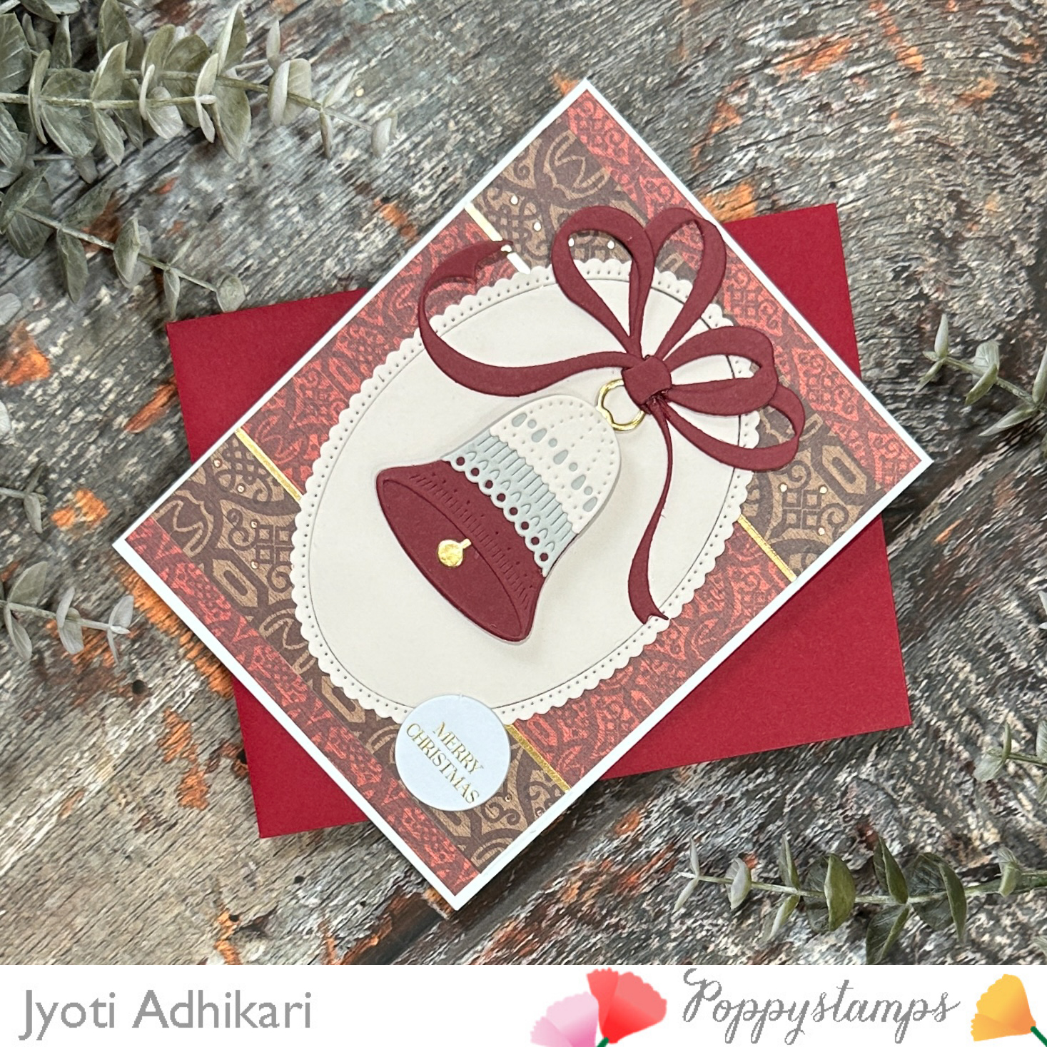 Burgundy Christmas Bell Handmade Card - Image 3