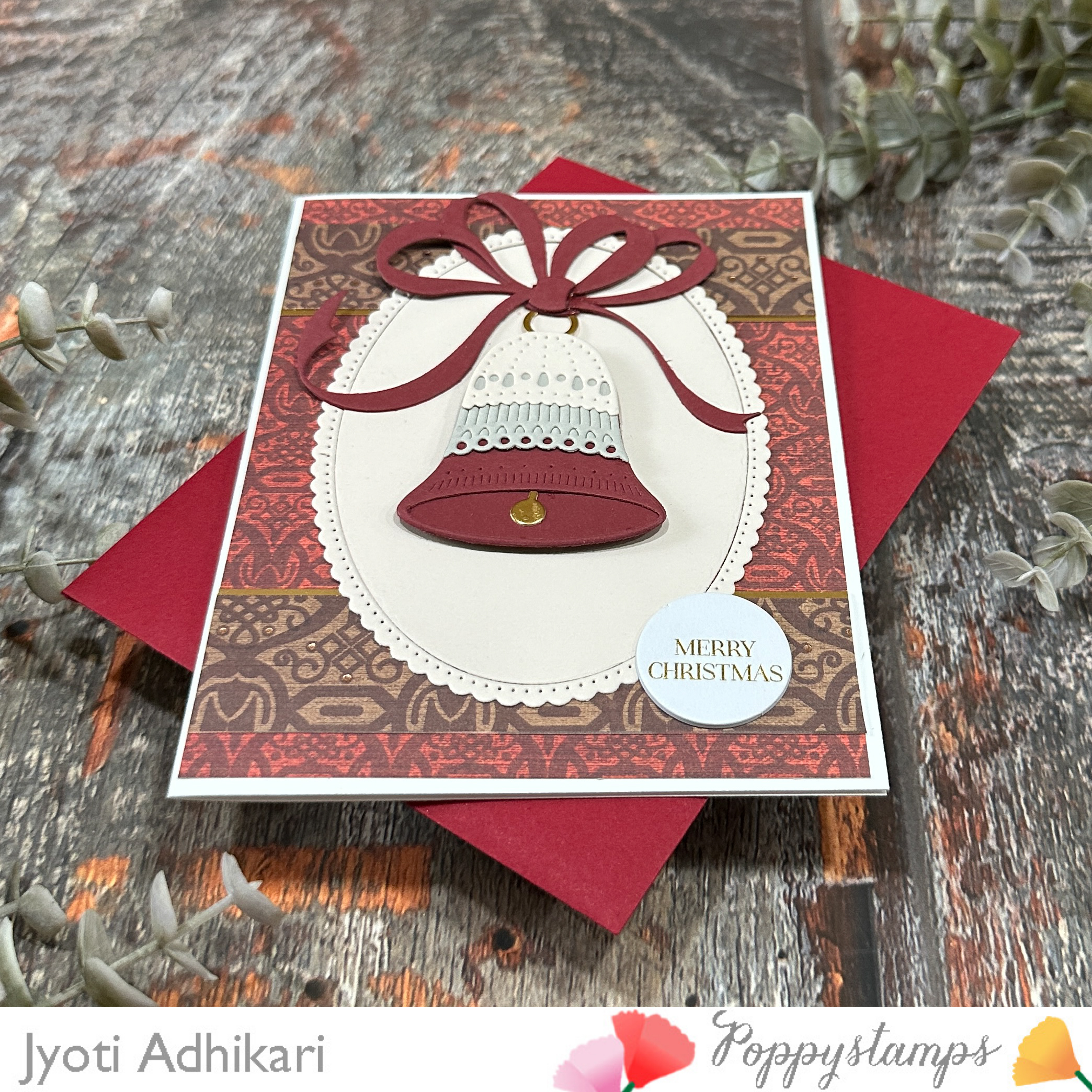 Burgundy Christmas Bell Handmade Card - Image 2